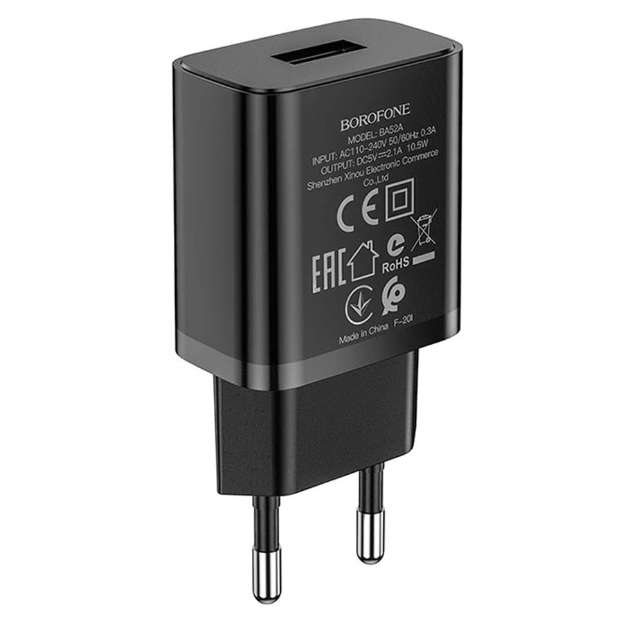 Сетевое зарядное устройство Borofone BA52A 5V/2.1A 1USB Nimble single port, Чёрный. Фото 2