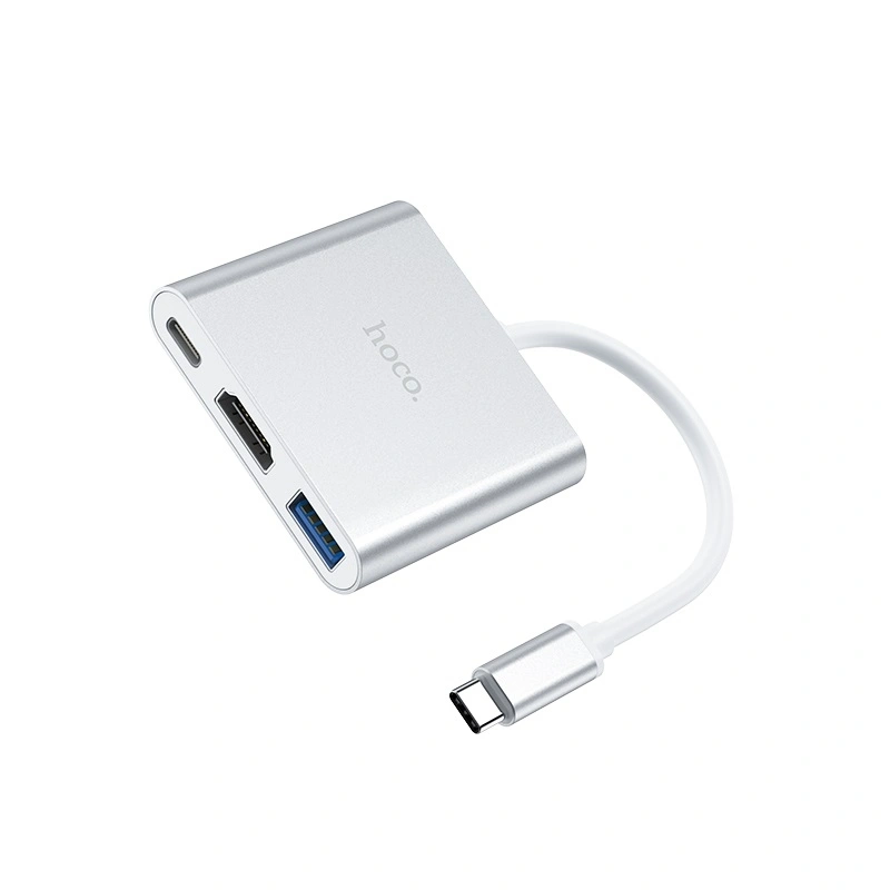 Переходник-хаб Hoco HB14 Easy use Type-C adapter (Type-C to USB3.0+HDMI+PD), Серебро. Фото 3