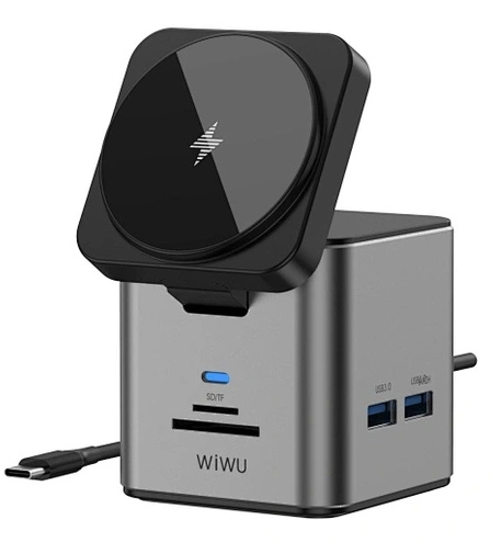 Хаб с беспроводной зарядкой Wiwu Cube Hub 9 в 1 USB-C Docking Wi-W025, Серый. Фото 3