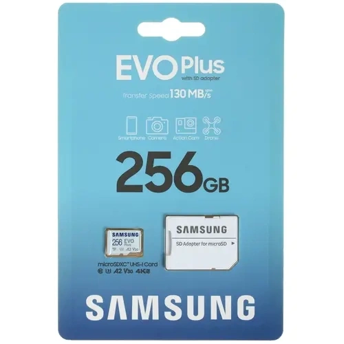 Карта памяти Samsung 256GB microSDXC EVO Plus Class10 UHS-I U3+ + SD Adapter. Фото 1