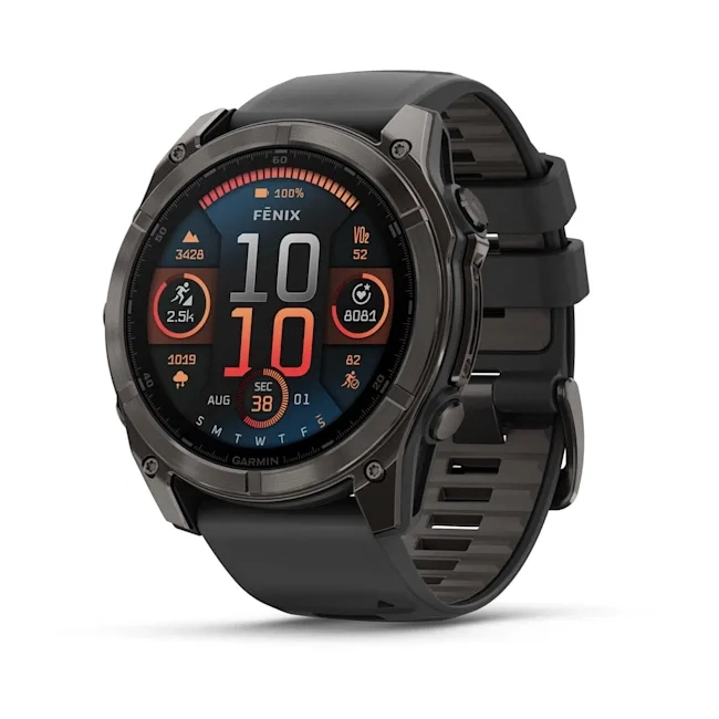 Умные часы Garmin Fenix 8 51mm, Sapphire, Carbon Gray DLC Titanium with Black/Pebble Gray Silicone Band. Фото 1