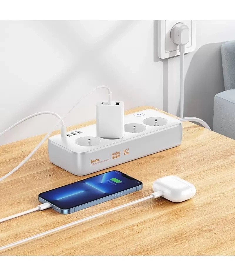 Сетевой фильтр Hoco AC21 3*USB-A, 1*USB-C, 4*розетки, 1.5м, Белый. Фото 4