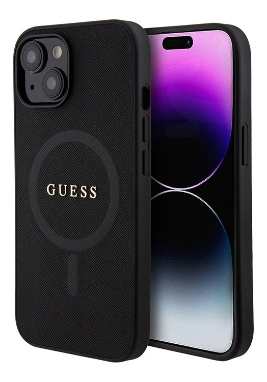 Накладка Guess для iPhone 15 PU Saffiano with metal logo Hard (MagSafe), Black (GUHMP15SPSAHMCK). Фото 1