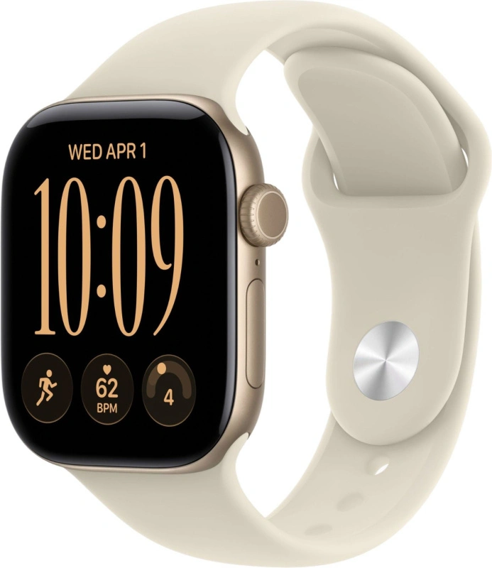 Умные часы Apple Watch Series 12 GPS, 46мм, Светло-золотой алюминиевый корпус, спортивный ремешок песочного цвета, размер S/M 140-190 мм (MJEN4). Фото 1