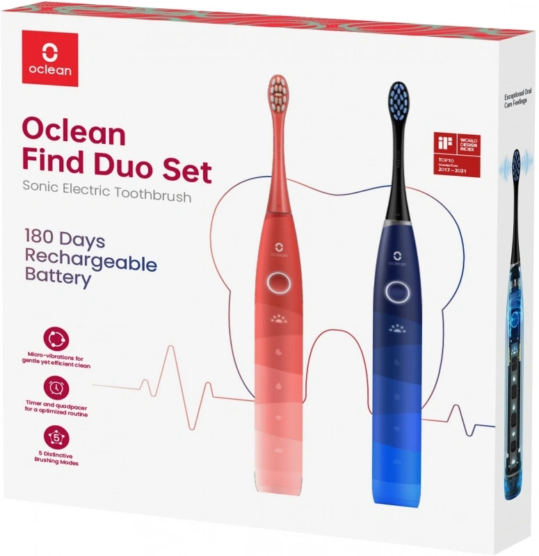 Набор электрических зубных щеток Oclean Find Duo Set, Blue/Red. Фото 3