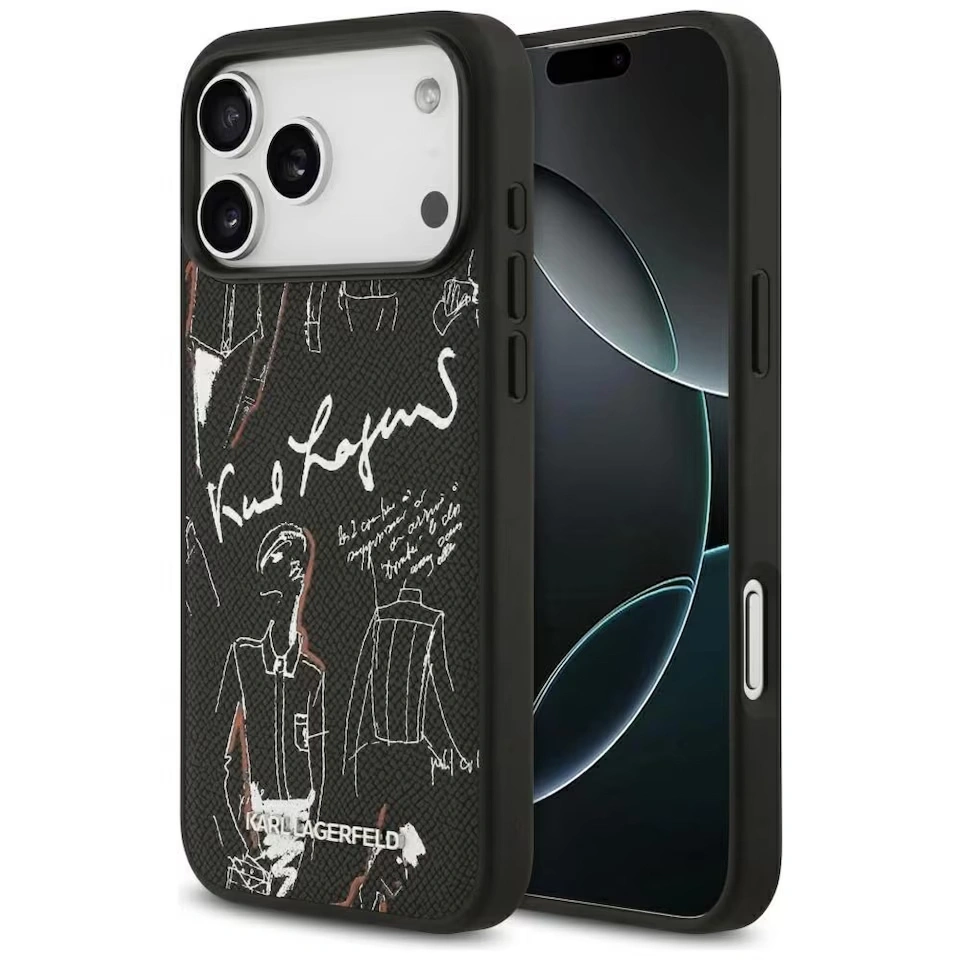 Накладка Lagerfeld для iPhone 17 Pro Max PU Grained leather Sketch with Metal logo (MagSafe), Чёрный (KLHMP17XPGGRMPK). Фото 1