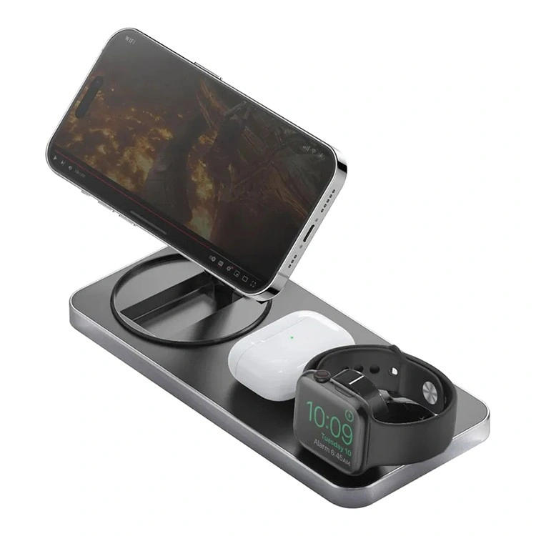 Беспроводное зарядное устройство EnergEA Bazic GoMag Station 3-in-1 (with Apple watch charger) 15W, Black (GM-STN-BLK). Фото 1