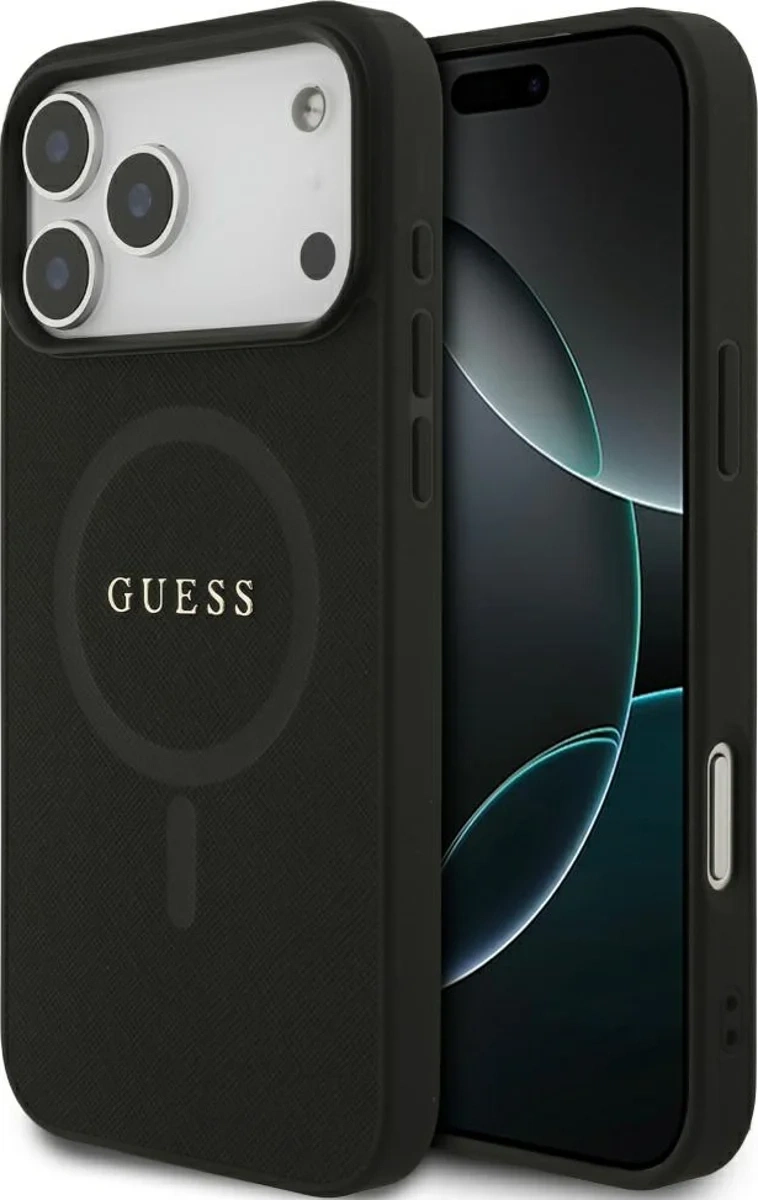 Накладка Guess для iPhone 17 Pro Max PU Saffiano with Classic metal logo (MagSafe), Чёрная (GUHMP17XPSAHMCK). Фото 1