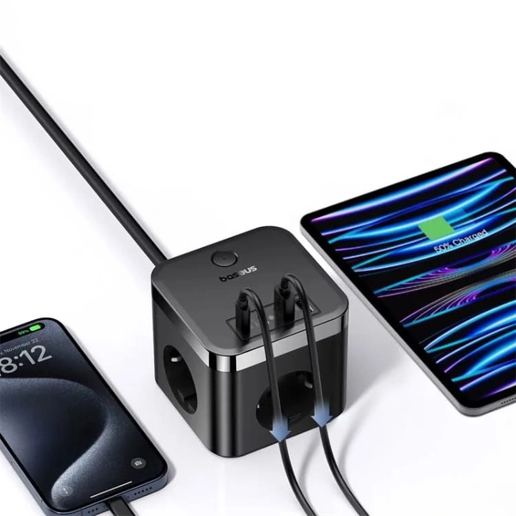 Сетевое зарядное устройство Baseus PowerCombo Cube Power Strip 3AC+2U+2C 30W 1.5m, Чёрное (E00066400117-00). Фото 4