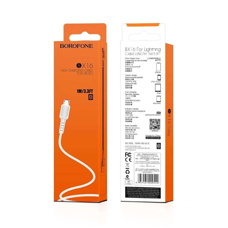 Кабель Borofone BX16 Easy micro 1m, Белый. Фото 5