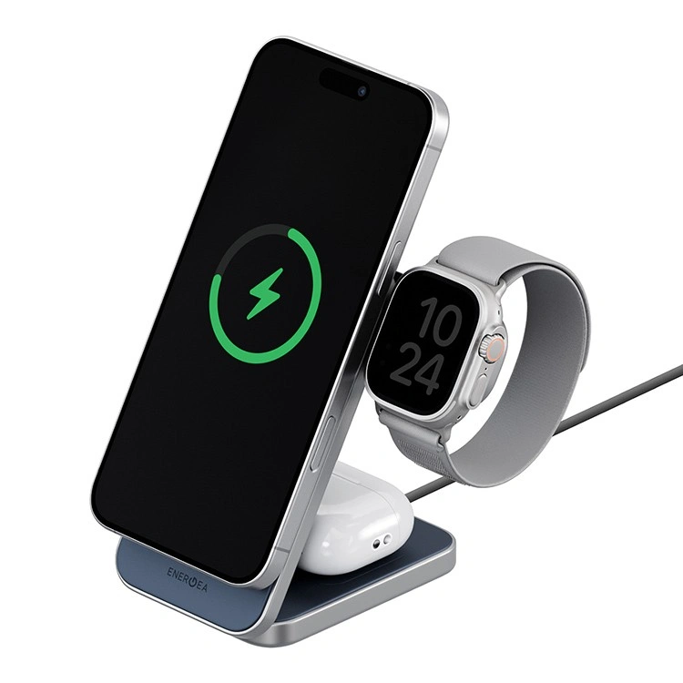 Беспроводное зарядное устройство EnergEA Bazic GoMag Trio PLUS 3in1 magnetic wireless foldable charger Qi2 22.5W, Blue (MAG-TRIOPLUS-BLU). Фото 3