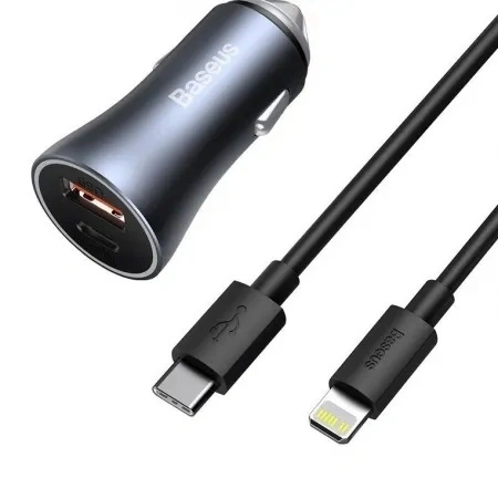 Автомобильное зарядное устройство Baseus Golden Contactor Pro Dual Quick Charger Car Charger U+C 40W (TZCCJD-B0G) With Baseus Simple Wisdom Data Cable Type-C to iP 1m, Тёмно-серое. Фото 1