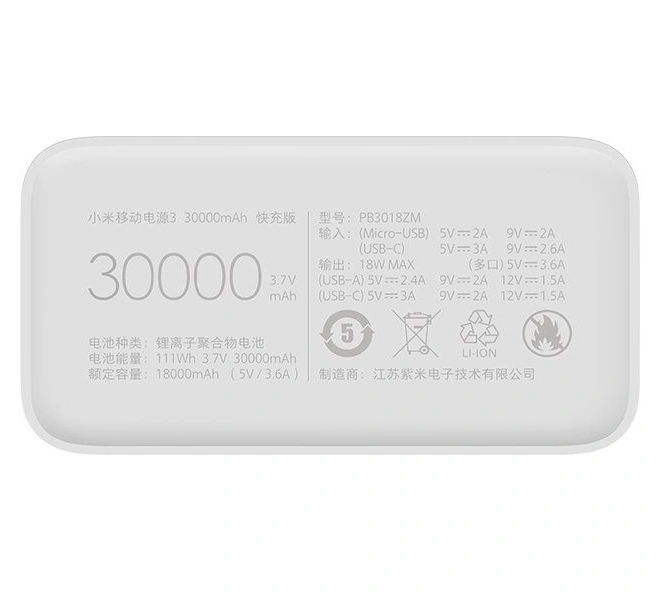 Внешний аккумулятор XiaoMi Power Bank 3 30000mAh, Белый (PB3018ZM). Фото 5
