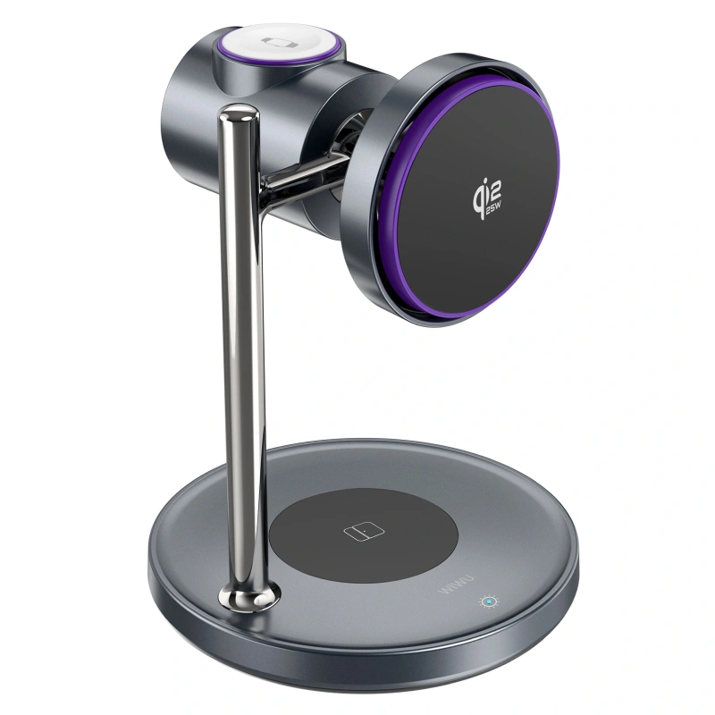 Беспроводная зарядная станция Wiwu Qi2 3-в-1 с док-станцией Magic Cube с автоматическим вращением 25W, Grey (Wi-W041). Фото 1