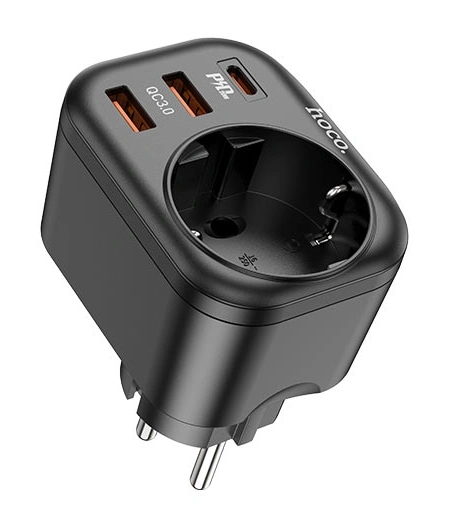 Сетевой фильтр Hoco NS3 2xUSB + 1 Bit QC3.0, 18W + Type-C PD20W, Чёрный. Фото 1