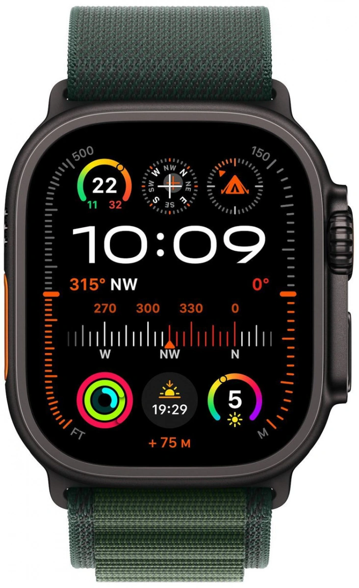 Apple Watch Ultra 2 (2024) GPS+Cellular 49mm, Black Titanium ремешок "Dark Green Alpine Loop", размер L 165-210mm (MX4T3). Фото 2