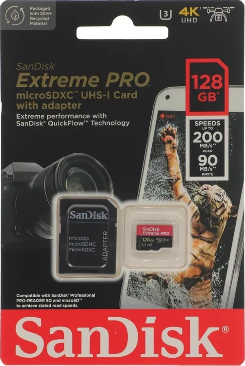 Карта памяти Sandisk Extreme Pro + SD адаптер 128GB microSDXC Class 10 (SDSQXCD-128G-GN6MA). Фото 1