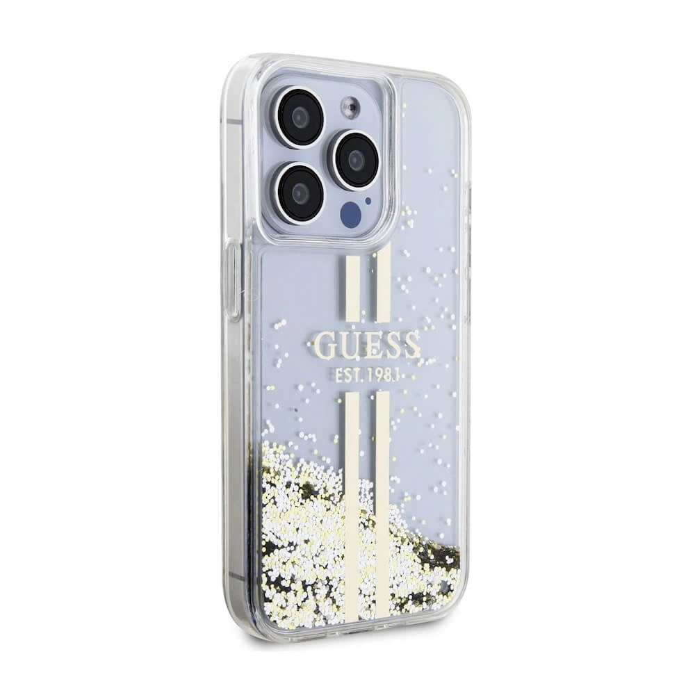 Накладка Guess для iPhone 15 Pro Liquid Glitter Gold Stripes Hard, Transparent (GUHCP15LLFCSEGT). Фото 4